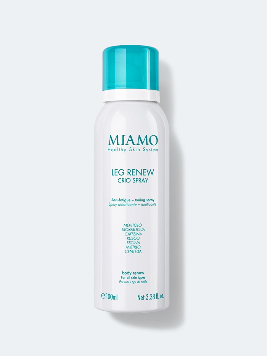 Bomboletta spray bianca chiusa con un tappo verde acqua del prodotto Leg Renew Crio Spray su sfondo grigio